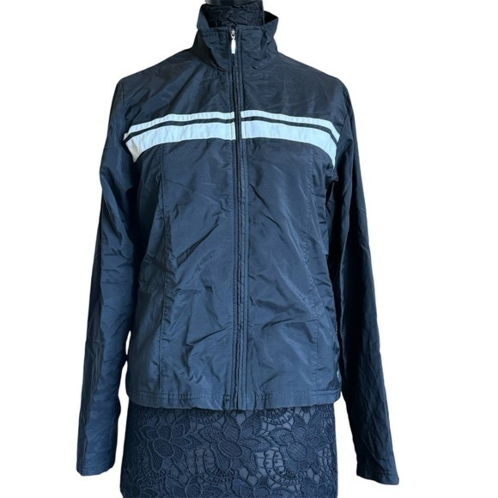 Nike Black and White Stripe Activewear Zip Front Windbreaker Track Jacke…